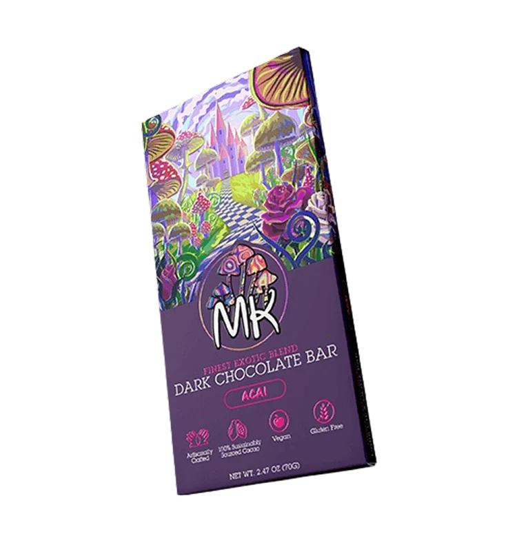 MK Acai Bliss Dark Chocolate mushroom bar vegan recreation dark chocolate