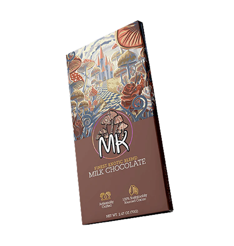 MK mushroom chocolate bar milk chocolate flavor with Lions Mane and Blue Lotus