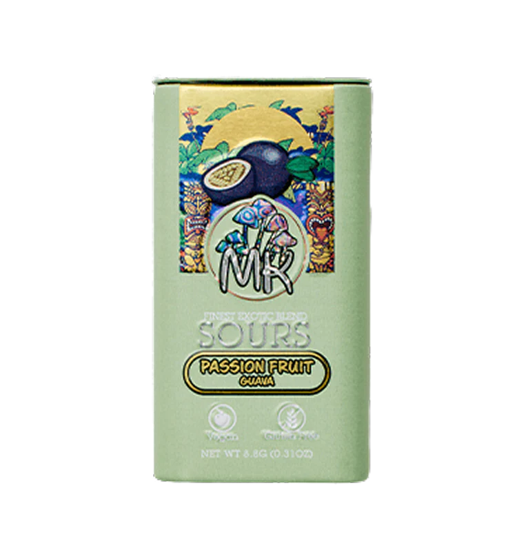 MK Brand Passionfruit Guava mushroom chocolate bar showing scored squares for precise dosing